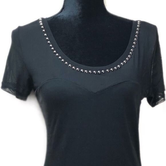 H&M Shirt Womens Small Black Semi-Sheer Top Brass Studded Scoop Neck Tee - Picture 2 of 15